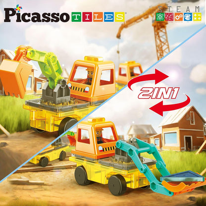 PicassoTiles Magnet Tile Construction Themed Building Blocks 5-in-1 Crane, Ladder, Dump Truck, Excavator, and Backhoe Action Figures, 2 Car Base Vehicles Magnetic Tiles Learning Toys Kids Ages3+ PTU06