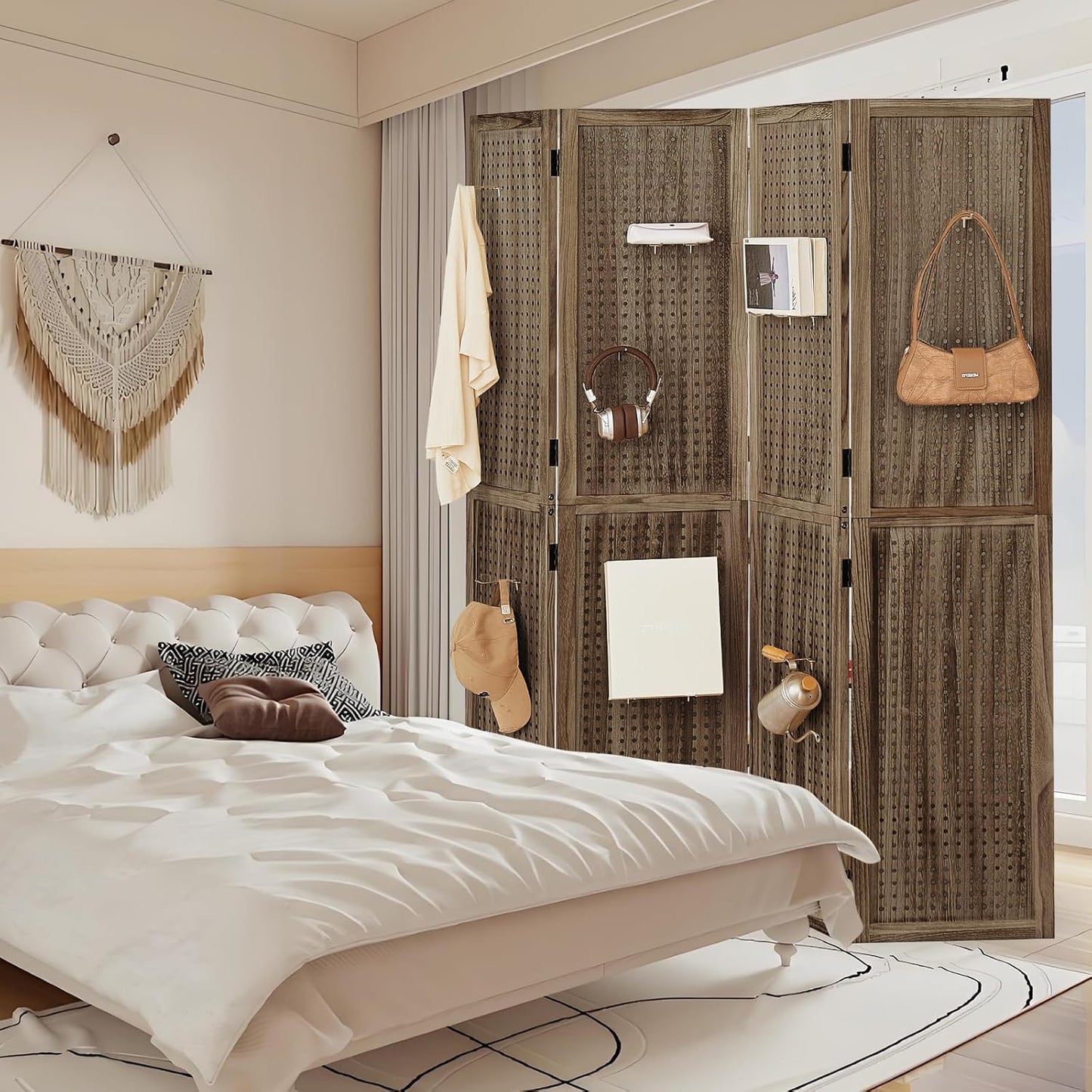 4 Panel Wooden Room Dividers, 5.6FT High Plug-in Folding Screen Made of Natural Wood, Pegboard Display for Bedroom and Shopping Malls and Jewelry Stores, Dark Brown