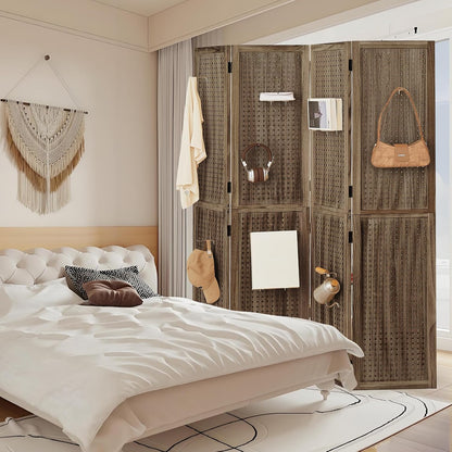 4 Panel Wooden Room Dividers, 5.6FT High Plug-in Folding Screen Made of Natural Wood, Pegboard Display for Bedroom and Shopping Malls and Jewelry Stores, Dark Brown