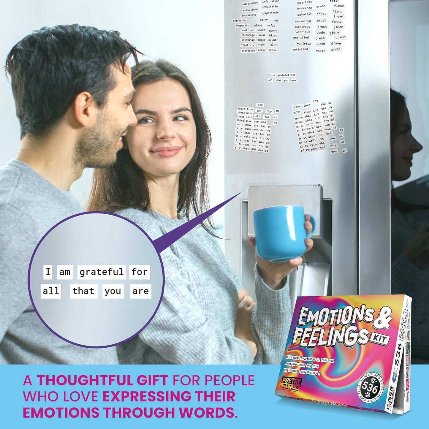 Poetry Tiles – 536 Emotion and Feeling Word Magnets for Refrigerator Stories and Poems – Fun Themed Magnetic Words for Joy, Happiness, and Self Expression for Adults and Kids