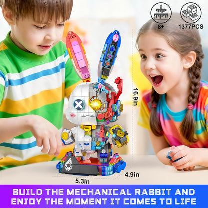 Mechanical Bunny Building Set for Adults,LED Light-Up Eyes Cute Cyberpunk Bunny Building Toy with Display Stand,STEM Poseable Animal Model Kit for Kids,for Boys Girls 8-14+ (1377PCS)