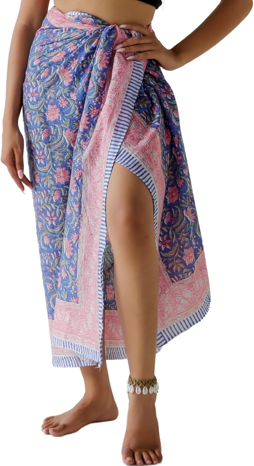100% Cotton Sarong Cover Up for Women Indian Block Print Beach Wrap Skirt Long Boho Swimsuit Bikini Pareo (73” x 43”)