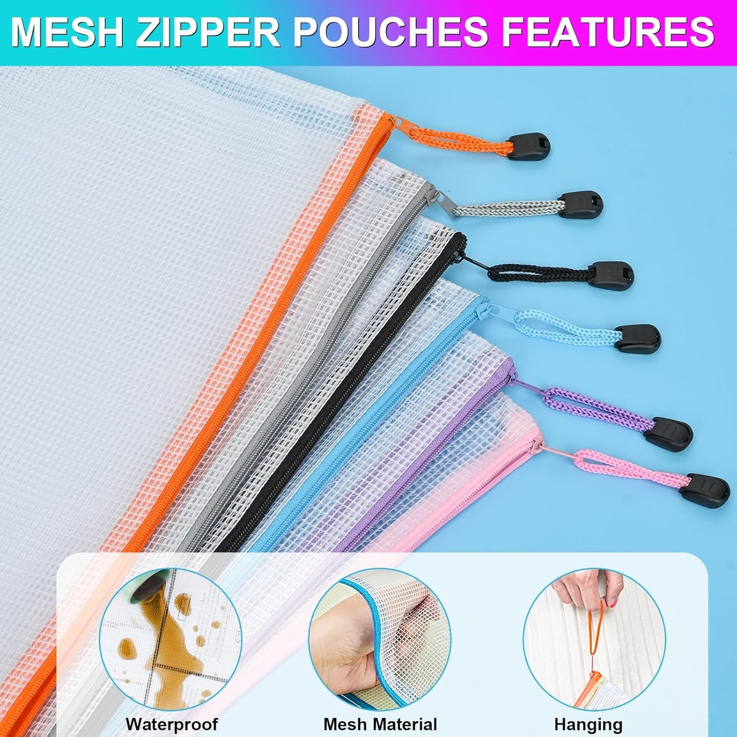 Krvyrn Mesh Zipper Pouches, 12 Pack A3 Waterproof Zipper Pouches for Board Game Storage, Puzzle Storage, Office and School Supplies, Home, Travel Organizer