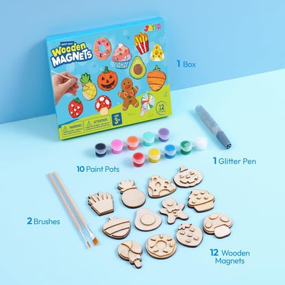JOYIN 12 Wooden Magnet Creativity Arts & Crafts Painting Kit for Kids, Decorate Your Own Painting Gift for Halloween Crafts, Birthday Parties and Family Crafts, Party Favors for Boys Girls