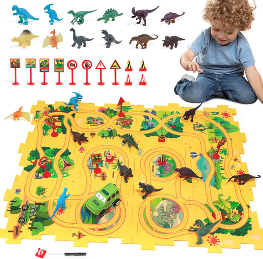 Plastic Floor Puzzles for Kids Ages 3-5, Puzzle Track Car Play Set, Educational Montessori Toys for 3 4 5 6 Year Old Boys, 3 4 5 6 Year Old Boy Birthday Gift, Boy Toys Age 3