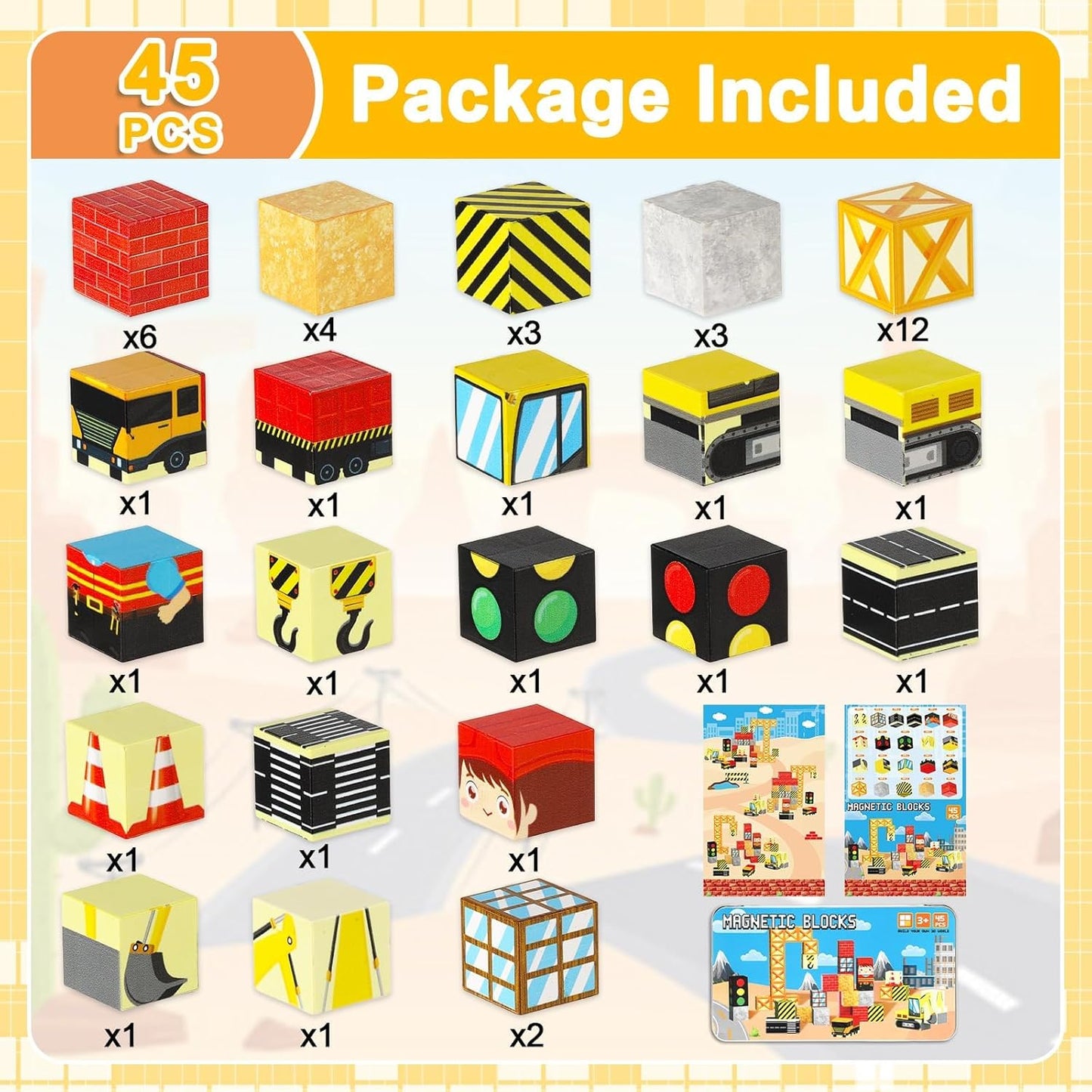 QOUBAI 45PCS Mini Magnetic Blocks Travel Toys, Magnet Building Cubes Tiles Set with Portable Iron Case, Learning Activities Gifts for Kids Toddlers Boys & Girls Ages 3-8 (Construction)