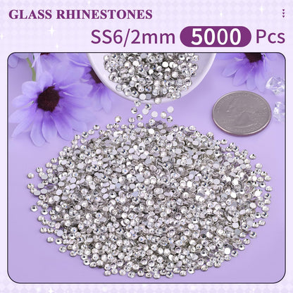 5000PCS SS6/2mm Glass Crystal Rhinestones (Clear), Bedazzling Flatback Rhinestones for Crafting DIY Crafts Nail Art Makeup Decoration, Gems Diamond Charms for Tumbler Shoes Clothing Mug