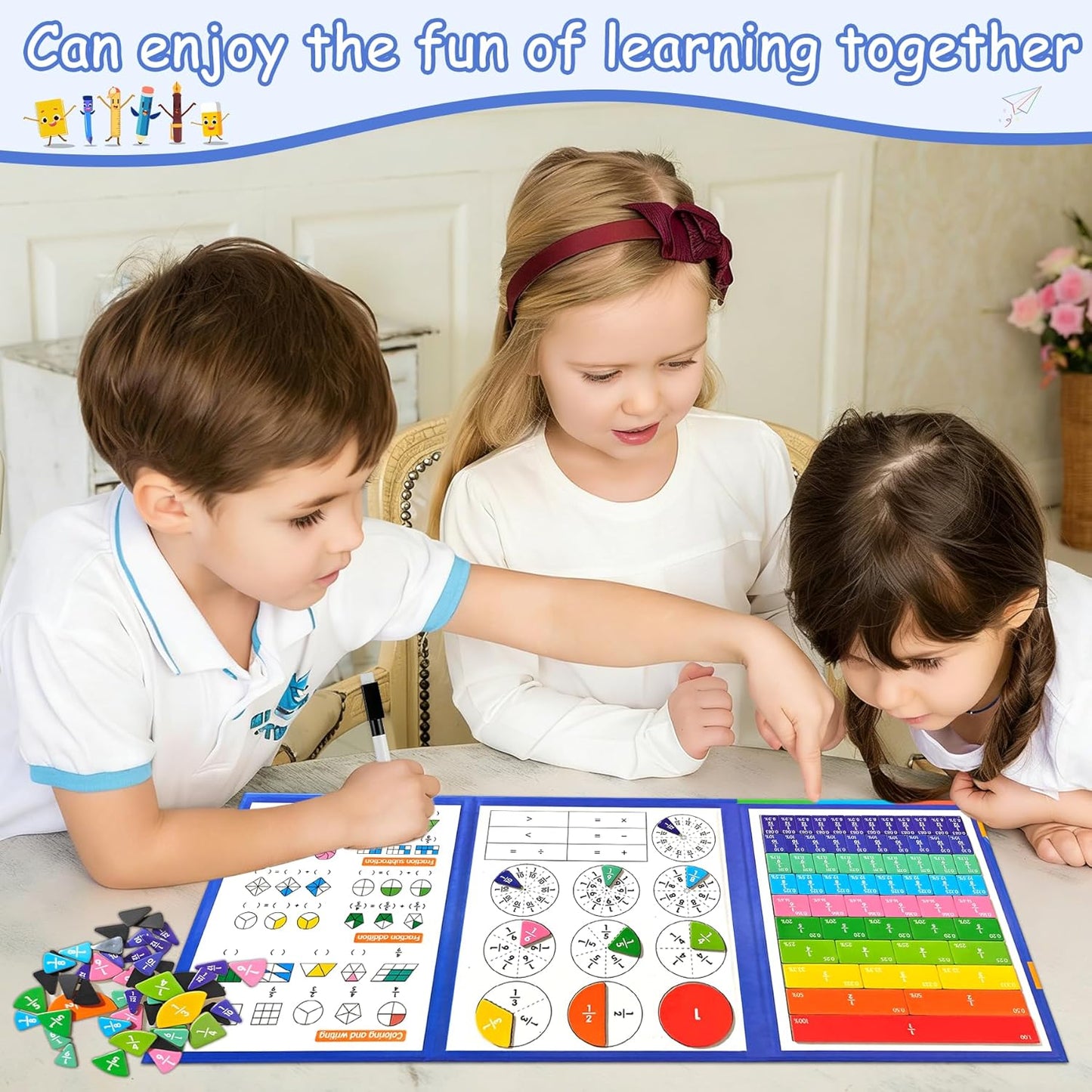 Magnetic Fraction Playbook & Tiles, Montessori Math Tools for Ages 6-10, Fraction Manipulatives Set with Wipeable Cards & Marker Pen, Learning Games for Kids Homeschool Classroom
