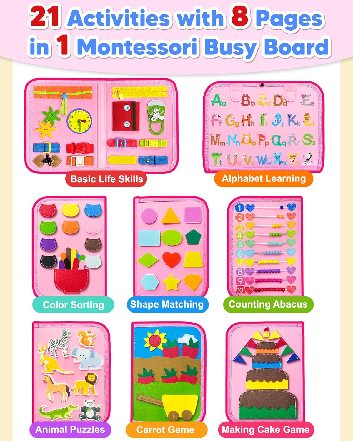 Exorany Busy Board Montessori Toys for Toddler Boys & Girls Birthday Gifts, Sensory Toys for Toddlers, Educational Travel Preschool Toddler Activities Learning Fine Motor Skills