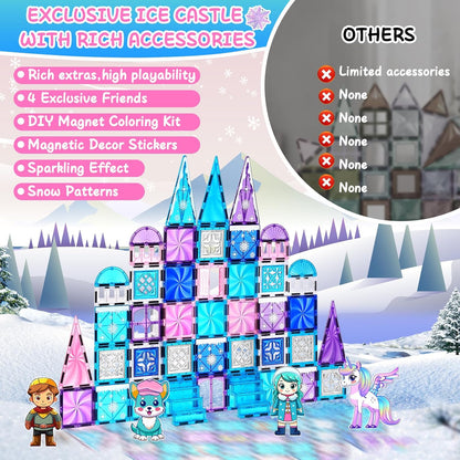 Diamond Magnetic Tiles Unicorns Princess Castle with Magnetic Art Decor Kit, Unicorn Toys for Girl 3 4-6-8, Magnet Tiles for kids 4-8 5 6 7+ Girl Gifts,Magnet Toys Include 5 Dolls,Rainbow,Candy,Decors