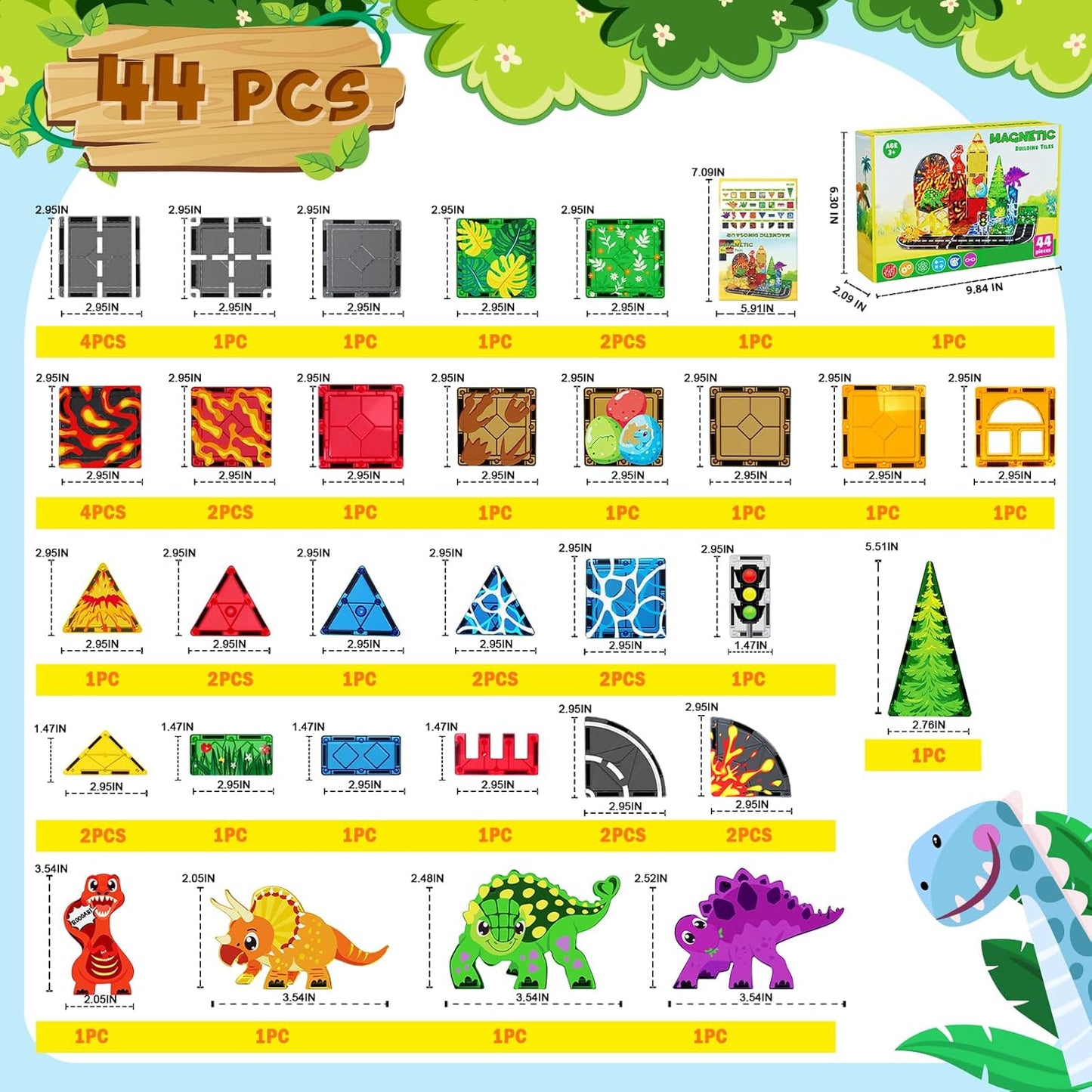 Magnetic Tiles with 4 Dinosaur Toys - Jurassic Scenes Dino World Magnet Tiles for Kids, Magnetic Building Blocks Set for Boys Girls Ages 3+, Sensory Toddler Creative Games Birthdays Gifts
