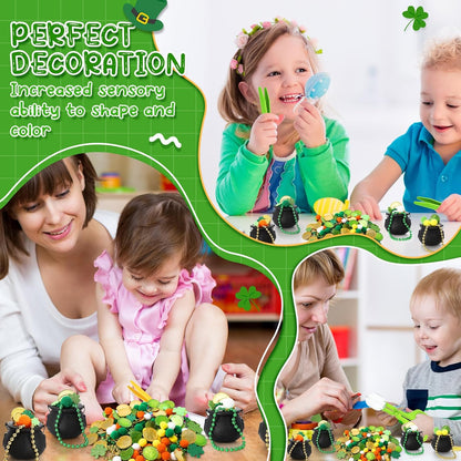 Foilswirl 436 Pcs St. Patrick Sensory Bin Filler Fine Motor Toys Include 4 Tweezers 2 Scissors Clips 200 Pom Poms 4 Cauldron Pot 60 Plastic Coins 6 Necklace 160 Shamrock Stickers for Sorting Counting
