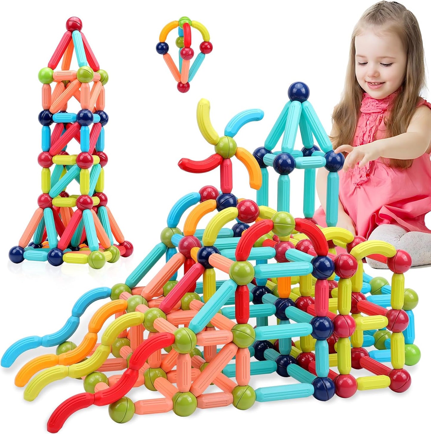 COUOMOXA Magnetic Toy Montessori for Kids: 3 4 5 6 7 8 9 10 11 12 Years Old Kids Building Sticks - Magnetic Creative Toy Age 3-12 Playroom Family - Christmas Birthday Gift for Boys Girls