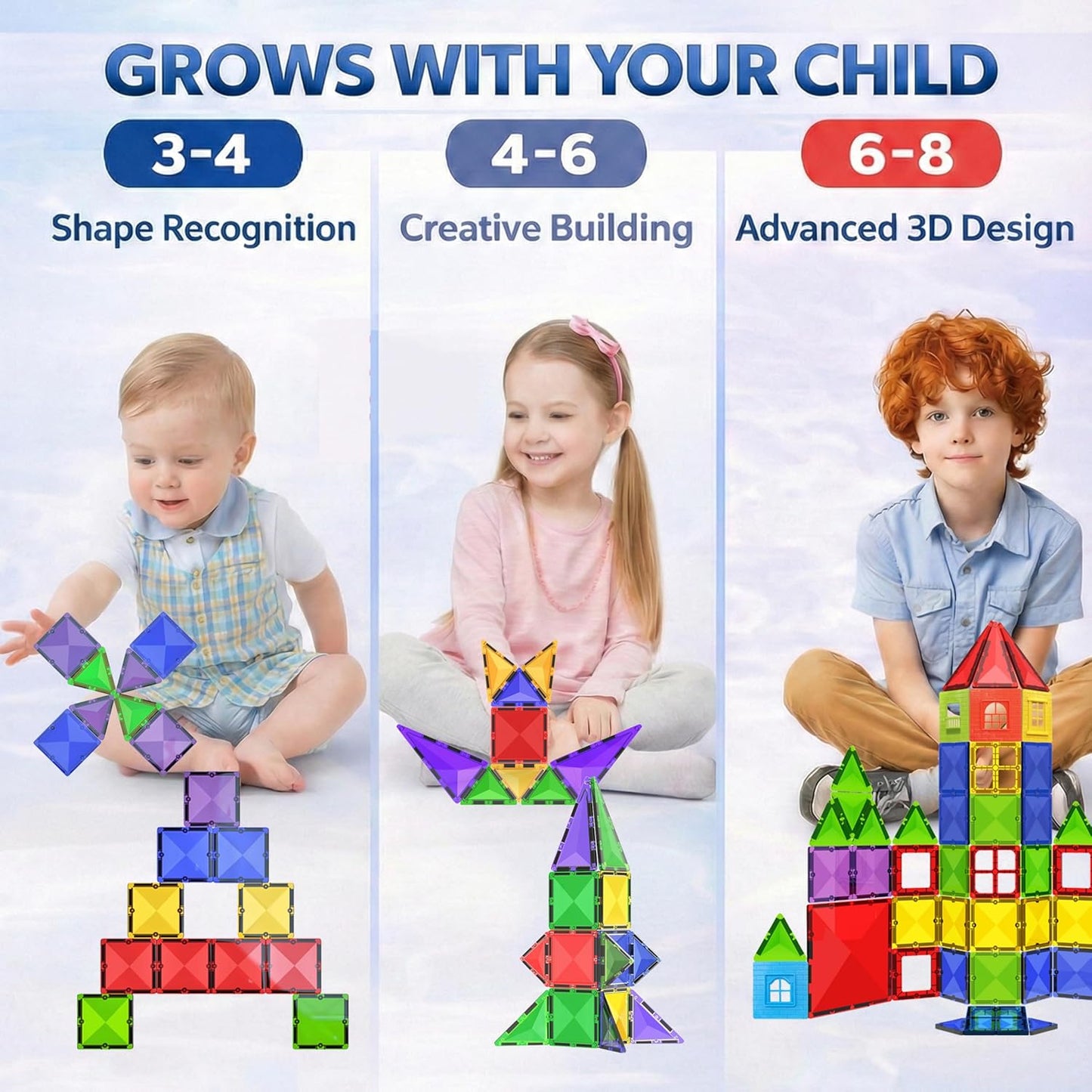 Magnetic Tiles Building Blocks Toy - STEM Educational Magnet Set for Kids, Creativity Preschool Learning Sensory Montessori Toddler Toys for Boys & Girls 3+ Years Old - 57PC