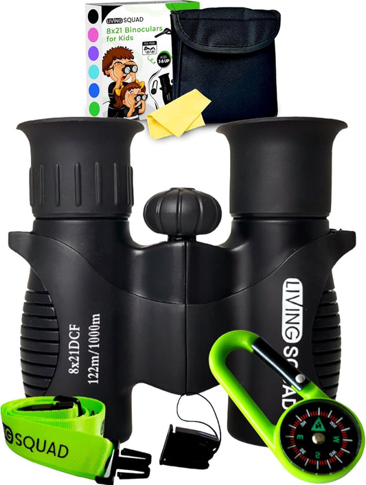 Kids Binoculars 8x21 Shockproof Green - Ages 3-12 with Case Neck Strap Compass Carabiner | High Resolution Optics for Bird Watching Camping Hiking | Birthday Gift Boys Girls