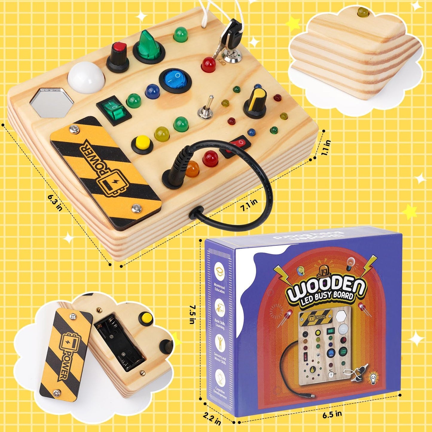 Montessori Busy Board Toys: Wooden Sensory Toy for Toddler with LED Light Up Switch, Educational/Christmas/Birthday Gifts for 1-3 Year Old Boys & Girls