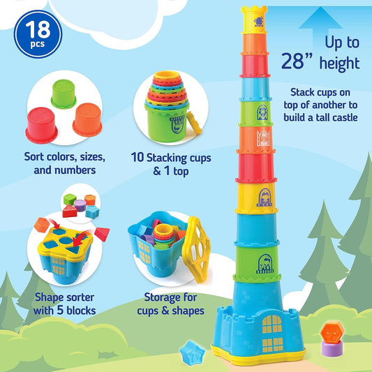 HAP-P-KID Toddler Baby Castle Stacking Nesting Cups, Infant Shape Sorting Blocks, Stack and Nest Sand Bath Stacker, Birthday Baby Gifts for 12 13 14 15 16 18 24 Months, 1 2 3 4 Year Old