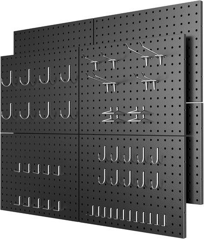 4 Pack Metal Pegboard Panels with 50 Hooks, Black Pegboard Wall Organizer, Pegboard Accessories, Heavy Duty Garage Tool Storage System for Workbench, Workshop, Office, Craft Room