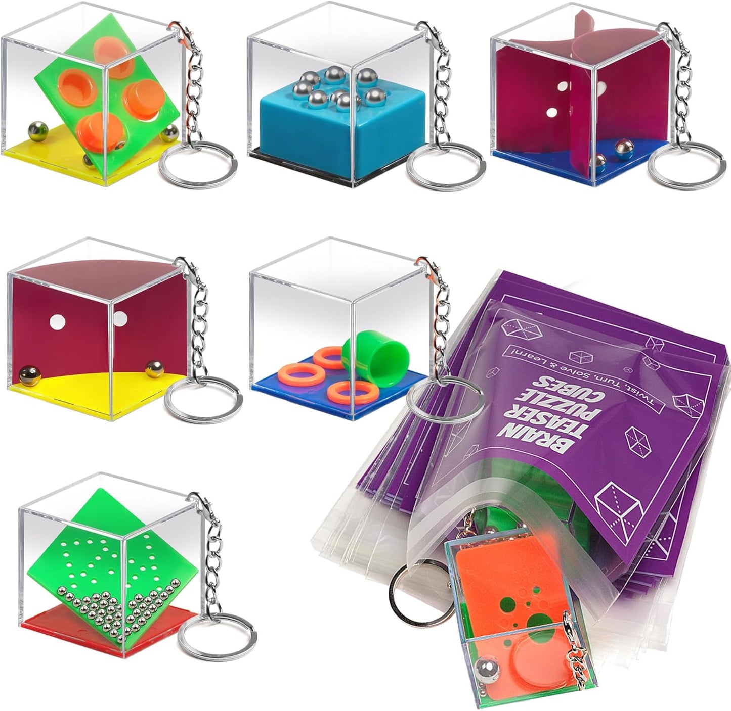 Brain Teaser Puzzle Cubes on Keychain (24 Pack) - Mini Maze Toys for Kids, Unique Party Favors, Goodie Bag Fillers, Treasure Box Classroom Rewards, Bulk Small Toys for Boys & Girls