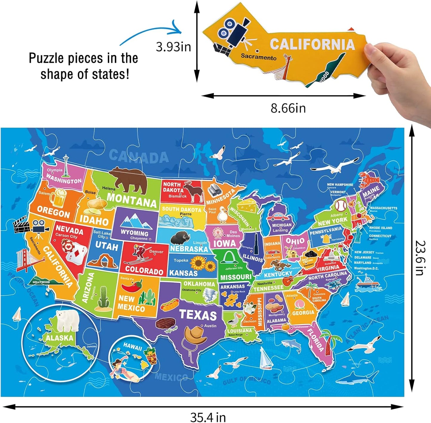 Jumbo Floor Puzzle for Kids,World Map Jigsaw Geography Puzzles,48 Piece Globe Atlas Puzzle with Continents,United States Puzzle for Ages 3-5,Preschool Learning Toys Easter Gift for 4-8 Years Old