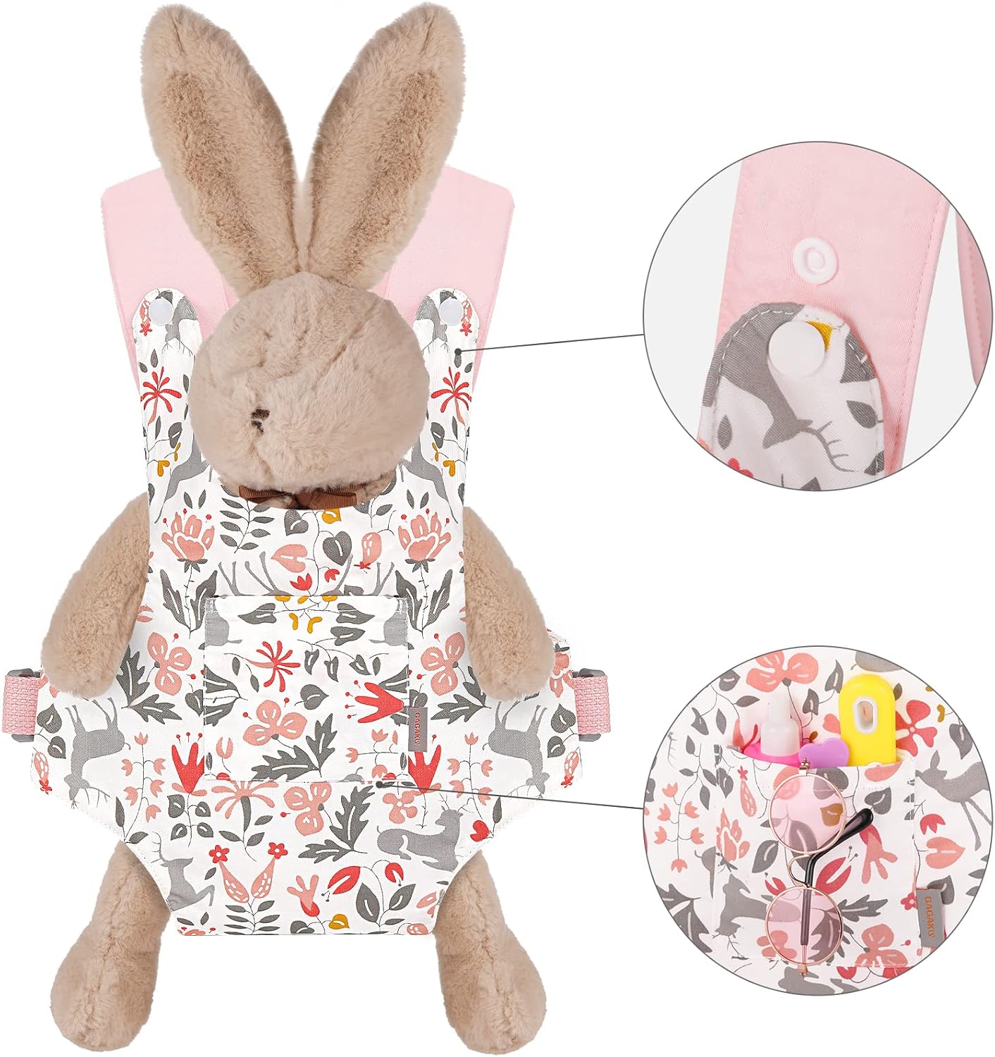 GAGAKU Doll Carrier for Stuffed Animals, Reborn Baby Doll Accessories Toy Carriers for Kids 3+ Toddlers - Pink Wax Flowers