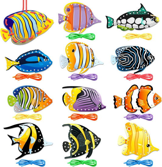 Tropical Fish Lacing Cards for Kids 12 Pack Ocean Fish Sea Animals Double Sided Cards Sewing Games Ocean Theme Party Decorations for Home Developing Imagination Education Supplies