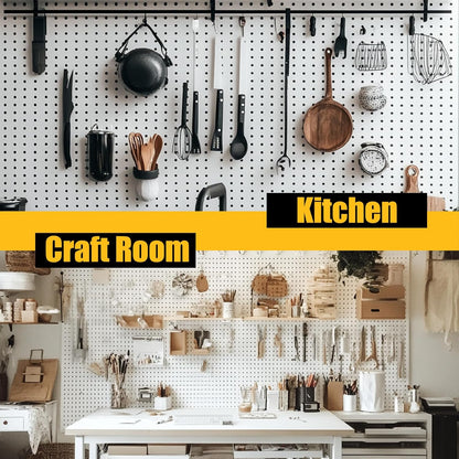 Spampur Peg Board, 4 Pack Metal Pegboard Panels with 50 Hooks, Black Pegboards Wall Organizer, Heavy Duty Peg Board for Walls Home, Garage Tool Storage, Office Organization, Craft Room, Kitchen