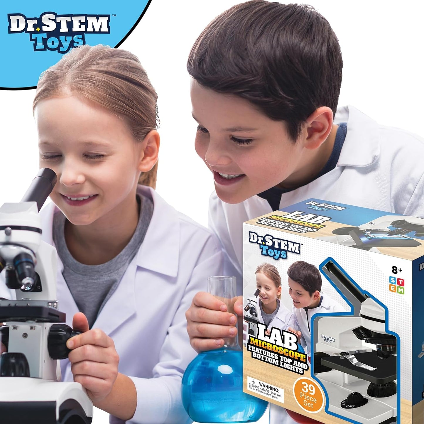Dr. STEM Toys 39 Piece Microscope Kit for Kids with Top and Bottom Lights, Specimen Slides, 40X, 100X, and 400X Adjustable Lenses - for Kids and Schools (Ages 8+), White