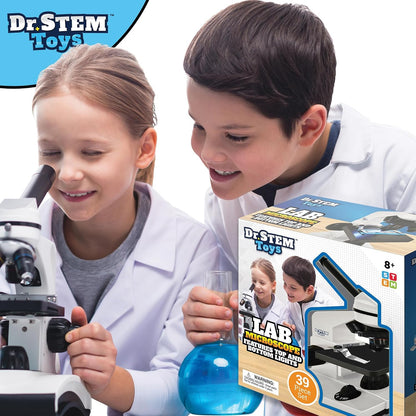 Dr. STEM Toys 39 Piece Microscope Kit for Kids with Top and Bottom Lights, Specimen Slides, 40X, 100X, and 400X Adjustable Lenses - for Kids and Schools (Ages 8+), White