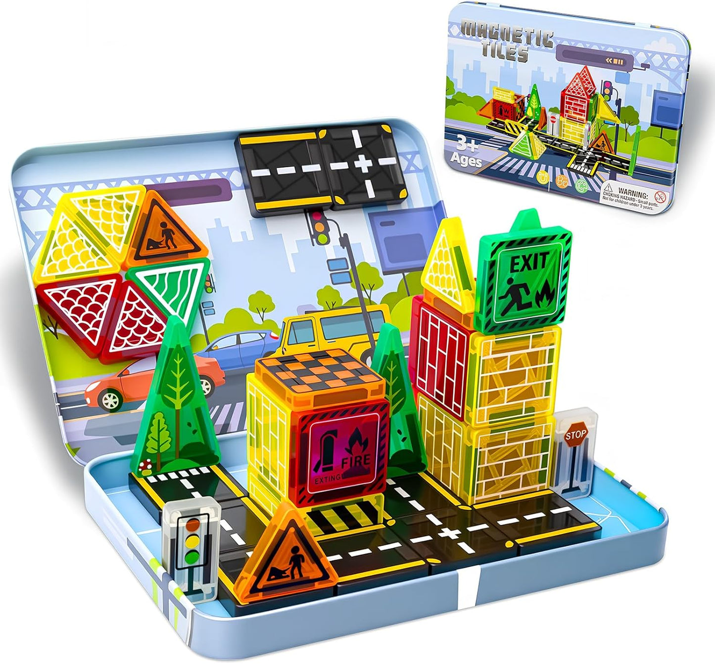 Mini Magnetic Tiles,42PCS Magnetic Building Blocks with Metal Storage Box,STEM Toys for Kids Ages 3+,Sensory Toys for Kids with Autism