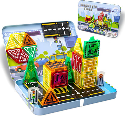 Mini Magnetic Tiles,42PCS Magnetic Building Blocks with Metal Storage Box,STEM Toys for Kids Ages 3+,Sensory Toys for Kids with Autism