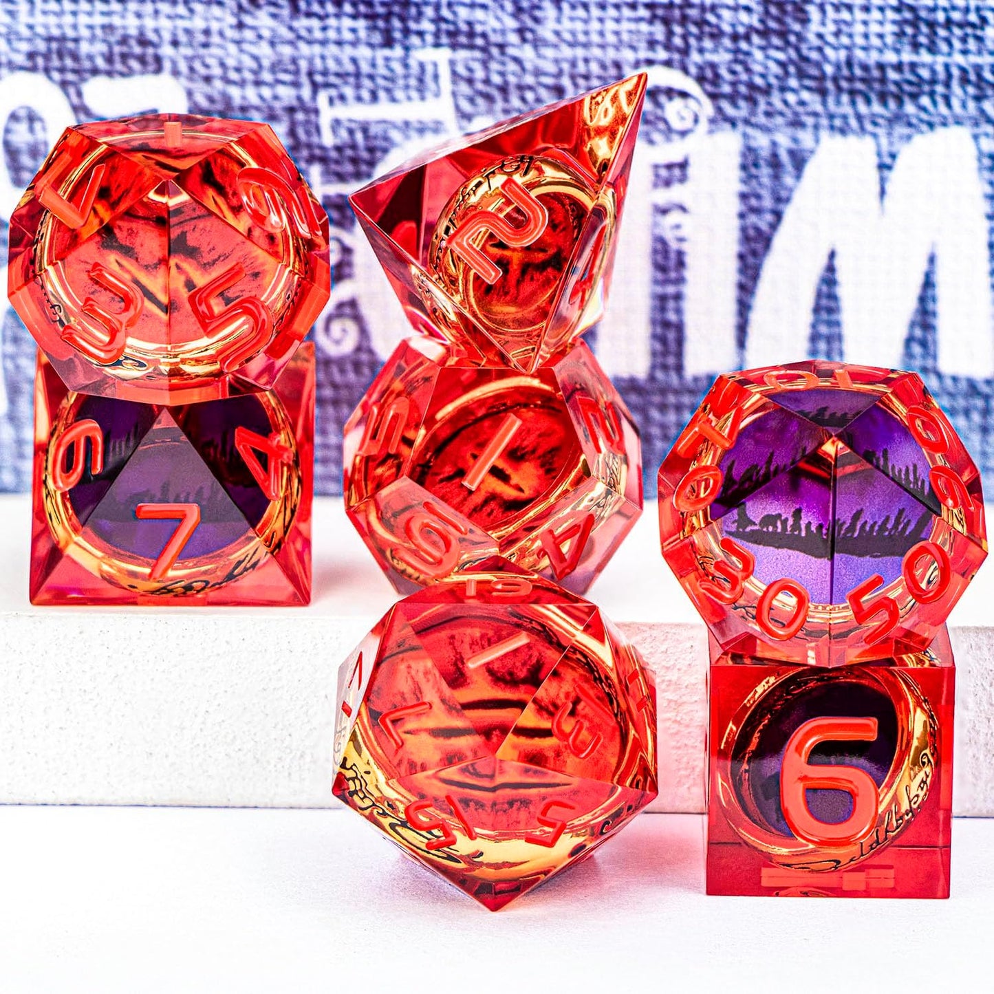 Magic Golden Ring DND Dice Set Sharp Edge Red Resin Dice with Box, for use with Dungeons Dragon RPG D&D Tabletop Games Lord D and D Polyhedral Dice Set