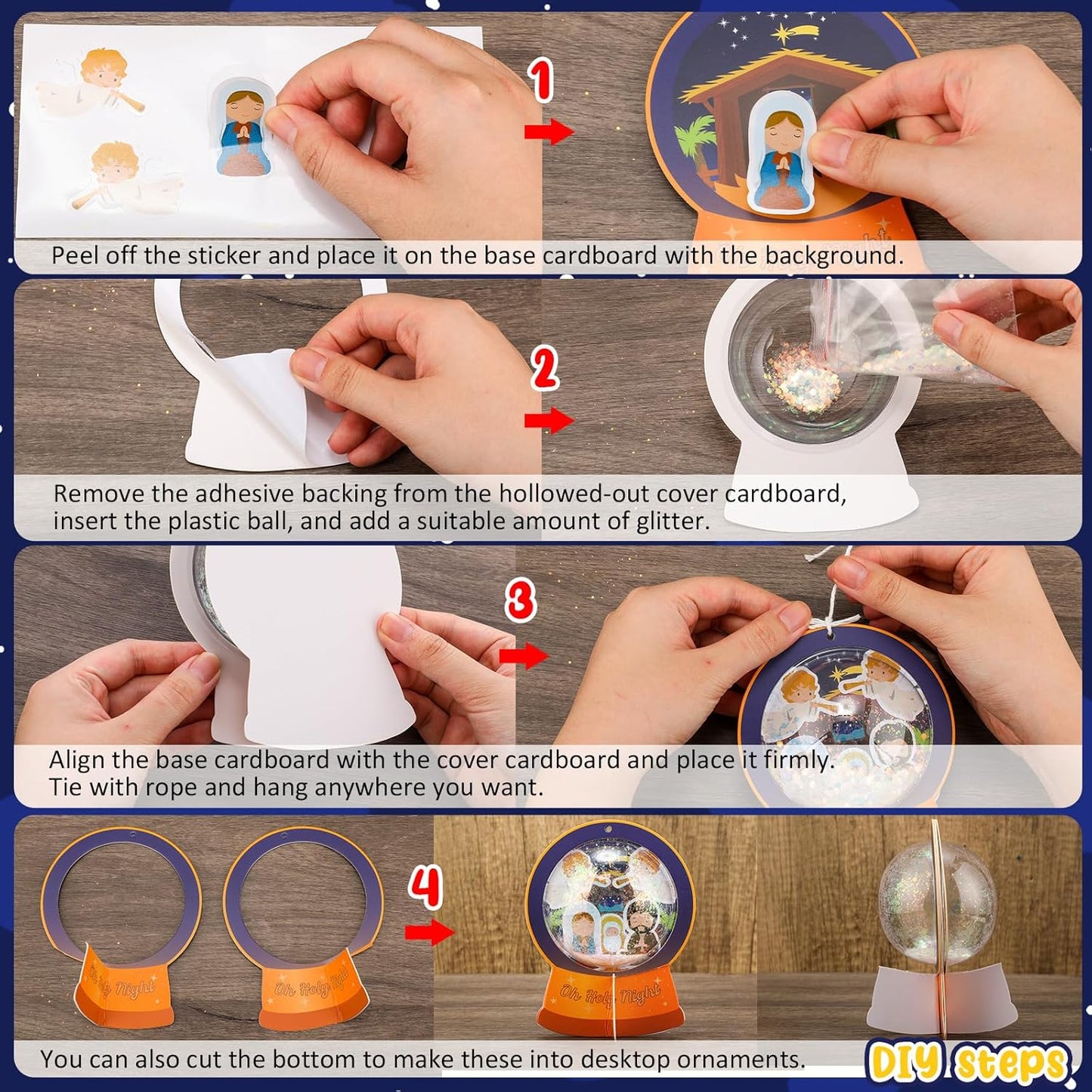 Threehoney 24 Pack Easter Nativity Craft Kit for Kids Toddler Jesus Birth Advent DIY Snow Globe Hanging Ornament with Glitter Sequin Paper Religious Holiday Classroom Decor(Joy,Silver)