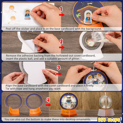 Threehoney 24 Pack Easter Nativity Craft Kit for Kids Toddler Jesus Birth Advent DIY Snow Globe Hanging Ornament with Glitter Sequin Paper Religious Holiday Classroom Decor(Joy,Silver)