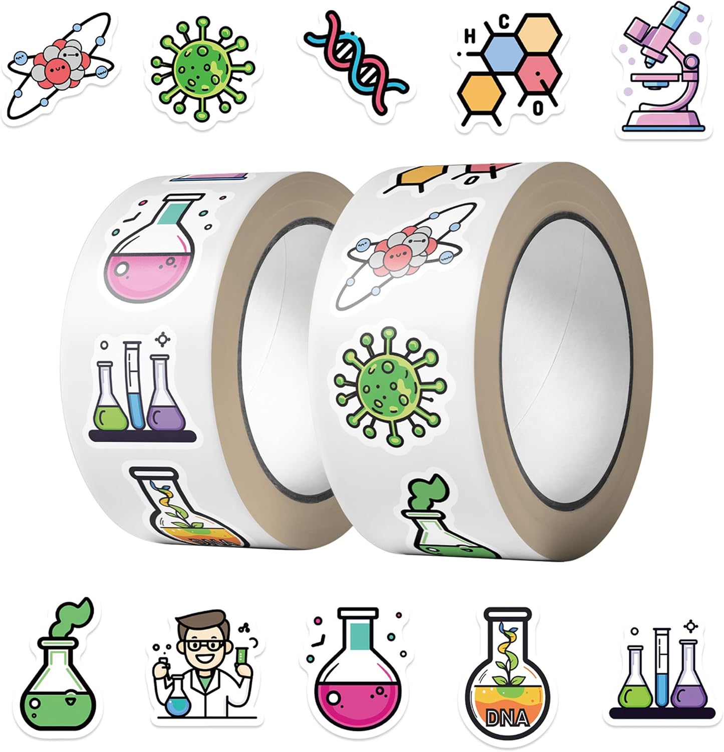 Chemistry Stickers Roll for Kids, Science Lab Experiment Stickers, 1000PCS 2 Rolls Chemical Lab Reward Labels, 10 Styles Classroom Teacher Supplies STEM Party Favors