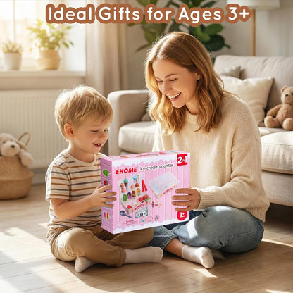 Ehome Wooden Ice Cream Toys Set Pretend Play Food Store for Kids Serve Ice Cream Counter Shop Kitchen Playset with Lucky Wheel, Scoop, Menu, Fake Money for Boys and Girls Ages 3 4 5 6 Birthday Gift