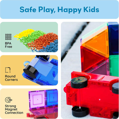 PicassoTiles 2 Piece Car Truck Construction Kit Toy Set Vehicle for Magnetic Blocks Building Tile Sensory Magnet Toys with Re-Enforced Hitch & Long Bed Educational Puzzle Girls Boys Toddlers Ages 3+