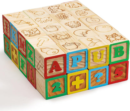 SainSmart Jr. Wooden Alphabet Blocks 1.73 Inch, 30Pcs Building Blocks Including Letters, Numbers and Animals, Montessori Wooden Blocks for Preschool Toddlers