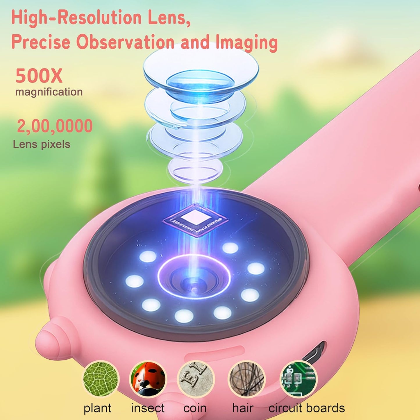 Microscope for Kids, Portable Pocket Microscope, 2'' Inch Screen 500X Zoom 3 Levels Light Adjustment Mini Handheld Microscopes, Educational Science Toys for 5 6 7 8 9 10 11 12 Year Boys & Girls Gifts