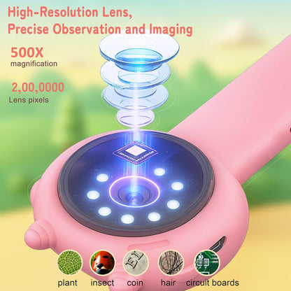 Microscope for Kids, Portable Pocket Microscope, 2'' Inch Screen 500X Zoom 3 Levels Light Adjustment Mini Handheld Microscopes, Educational Science Toys for 5 6 7 8 9 10 11 12 Year Boys & Girls Gifts
