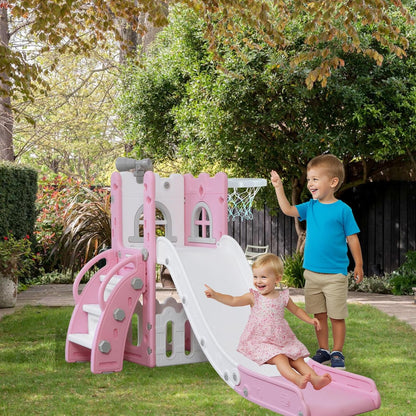 LulliSpace 6 in 1 Toddler Slide,Kids Climber Slider for Indoor Outdoor Playground with Basketball Hoop,Storage and Telescope,L Shaped Slide for Toddler Climber Playset