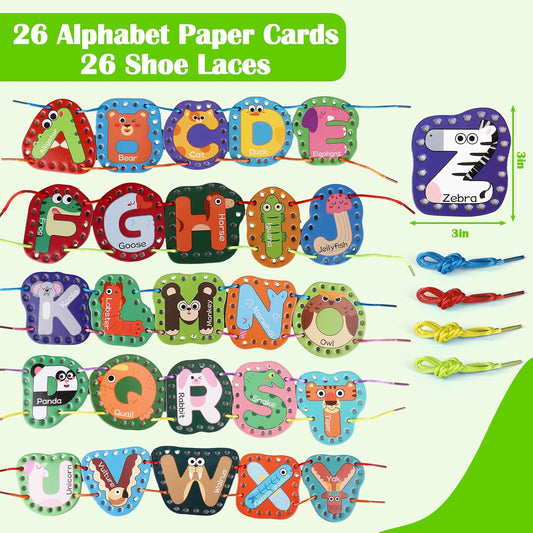 Vodolo 26 Pieces Lacing Cards Travel Sewing Kit for Kids, Letters Sequencing Threading Toy, Double Sided Fine Motor Skills Learning Toys, Classroom Supplies