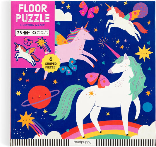 Mudpuppy Unicorn Magic – 25 Piece Floor Puzzle with 6 Colorful Shaped Pieces Featuring A Magical Trio of Unicorns