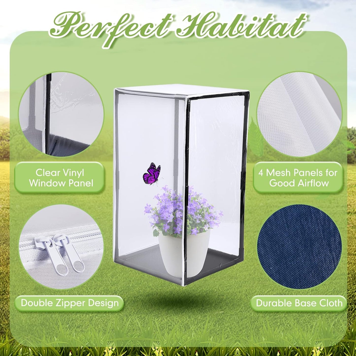 2 Pcs Monarch Butterfly Habitat Cage 30 Inch Tall Butterfly Enclosure Butterfly Hatching Kit Breathable Butterfly Mesh Cage with Sturdy PVC Frame Large Opening Door with Zipper for Hatching Butterfly