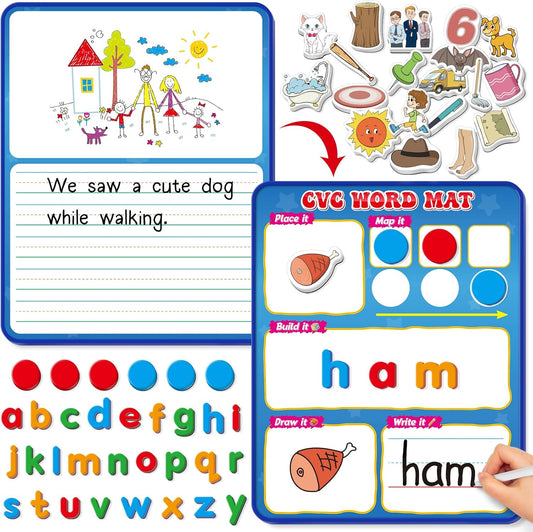 Kasfalci CVC Word Games,Phonics Games,Magnetic Letters & Dry Erase Board,Refrigerator Fridge Alphabet ABC Magnets for Kids Toddlers,Elkonin Box,Speech Therapy,Spelling Reading Manipulative Classroom