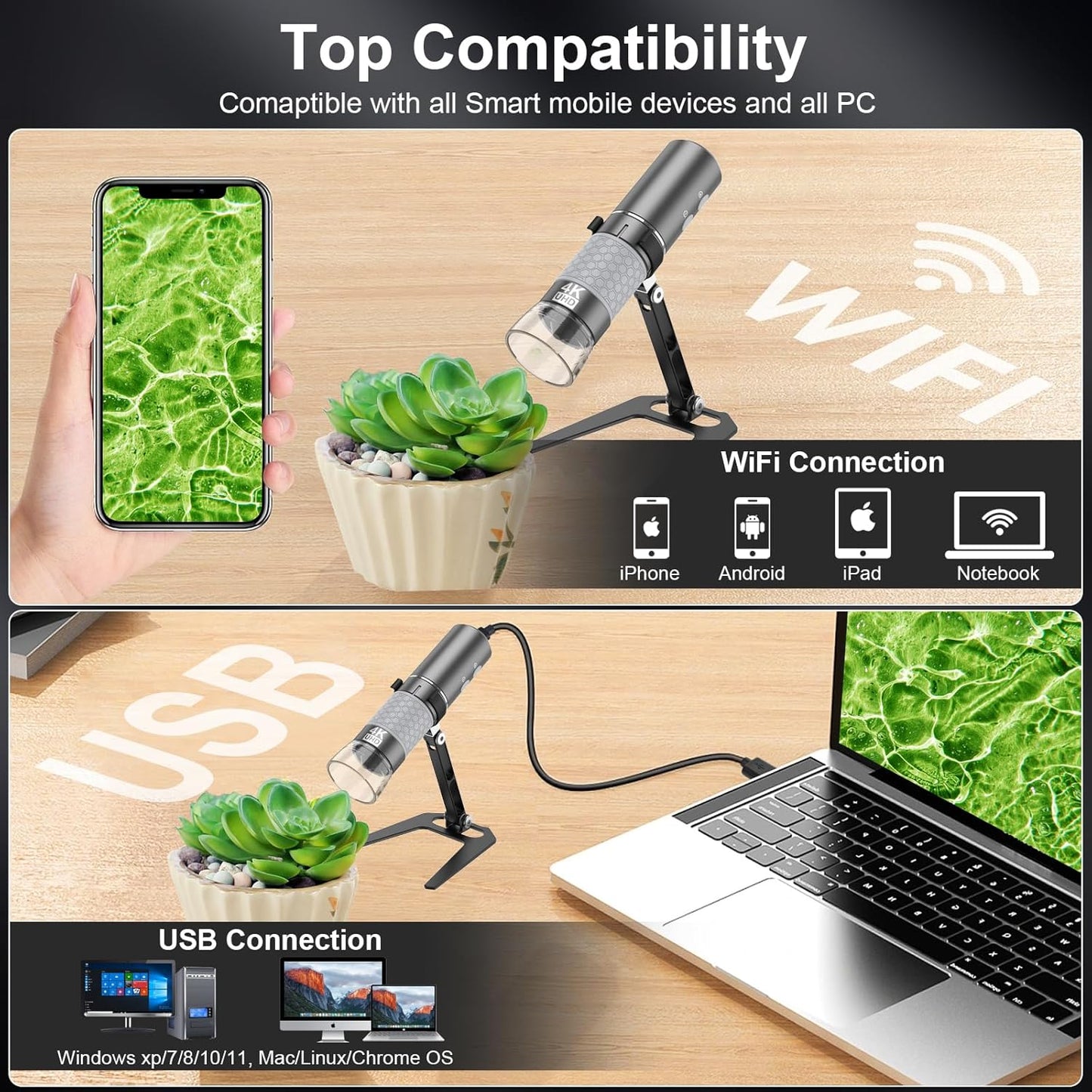 4K HD Wi-Fi Wireless Digital Microscope Camera Magnifier, Compatible for iPhone, iPad, Android Phones and PC