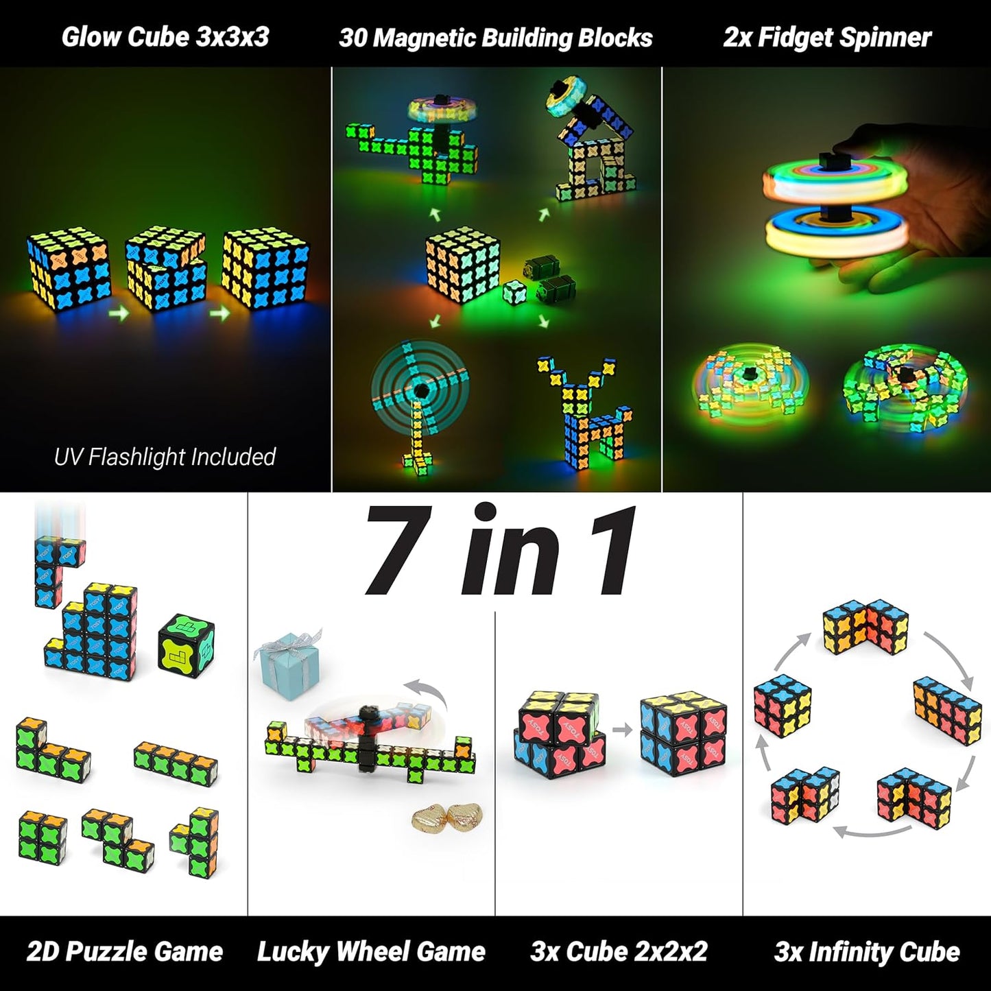 TOSY Magnet Cube 2x2 - 8 Blocks, 2in1 Toy: 2x2x2 Puzzle Cube and Customizable Infinity Cube, Easter Basket Stuffers Gifts for Kids/Grandkids, Glowing w/ UV Flashlight, STEM Toy, 2-Pack