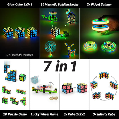 TOSY Magnet Cube 2x2 - 8 Blocks, 2in1 Toy: 2x2x2 Puzzle Cube and Customizable Infinity Cube, Easter Basket Stuffers Gifts for Kids/Grandkids, Glowing w/ UV Flashlight, STEM Toy, 2-Pack