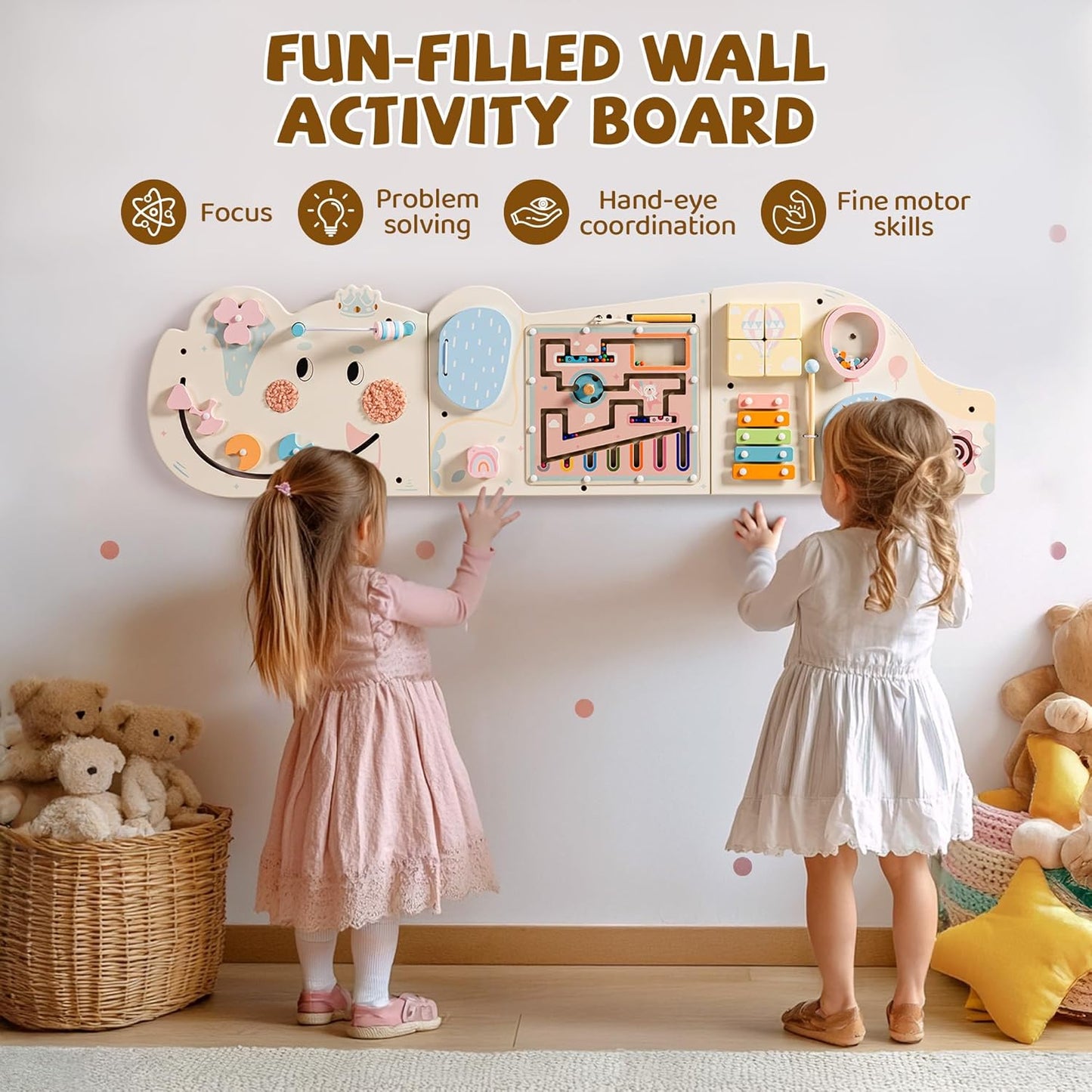 ROBUD Elephant Montessori Busy Board, 12-in-1 Activity Wall Busy Board, Montessori Sensory Wall Panel for Boys & Girls, Toddler Learning Activity Center for Playroom, Nursery, Pink