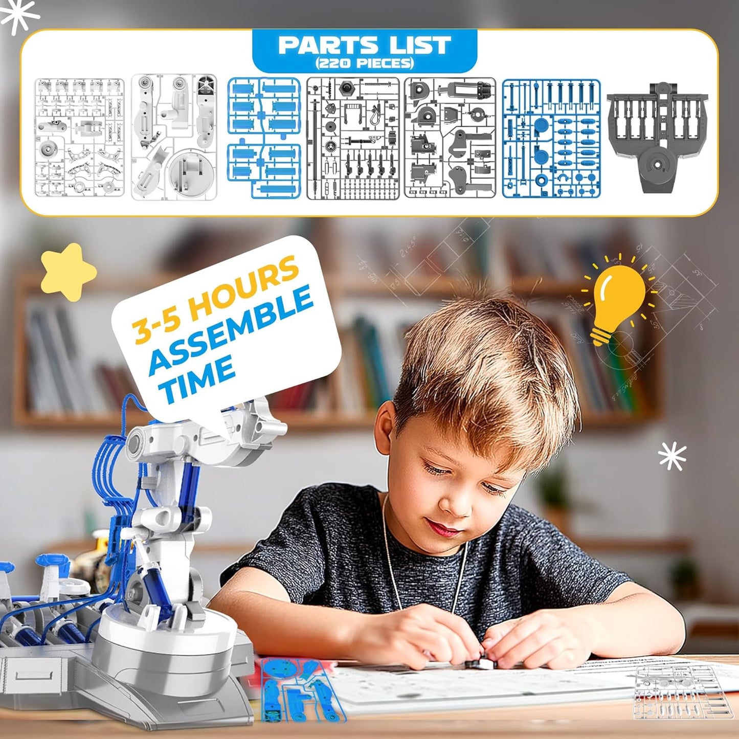 SMIESSKIDDO 3 in 1 Hydraulic Robot Arm - 220 Pcs STEM Building Toys with 4-Jaw Grab, Suction & Tongs for Kids 8-12 | No Batteries Needed Engineering Gift for Boys & Girls Ages 9 10 11 - Yellow